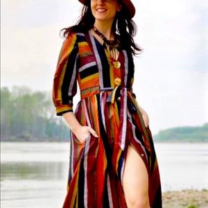 Multi-Stripe Drawstring Waist Button Midi Dress